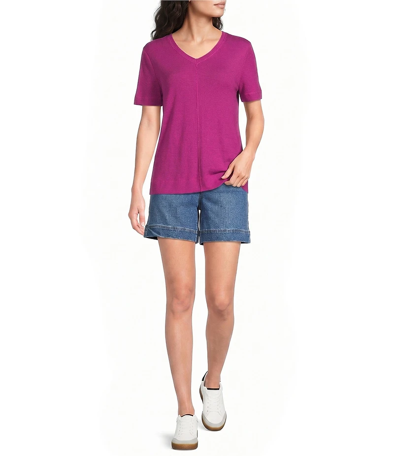 Westbound Petite Size Solid Short Sleeve V-Neck Top
