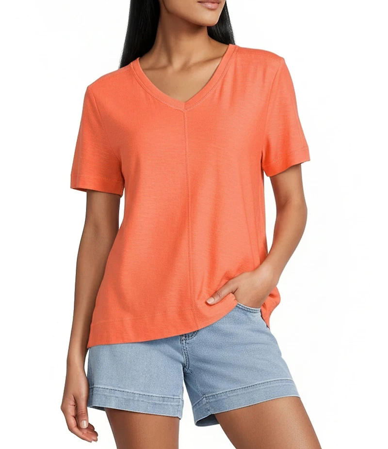 Westbound Petite Size Solid Short Sleeve V-Neck Top