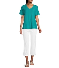 Westbound Petite Size Solid Short Sleeve V-Neck Top