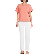 Westbound Petite Size Star Print Short Sleeve Crew Neck Knit Pullover Top