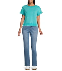 Westbound Petite Size Star Print Short Sleeve Crew Neck Knit Pullover Top