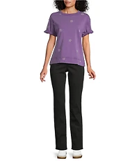 Westbound Petite Size Star Print Short Sleeve Crew Neck Knit Pullover Top