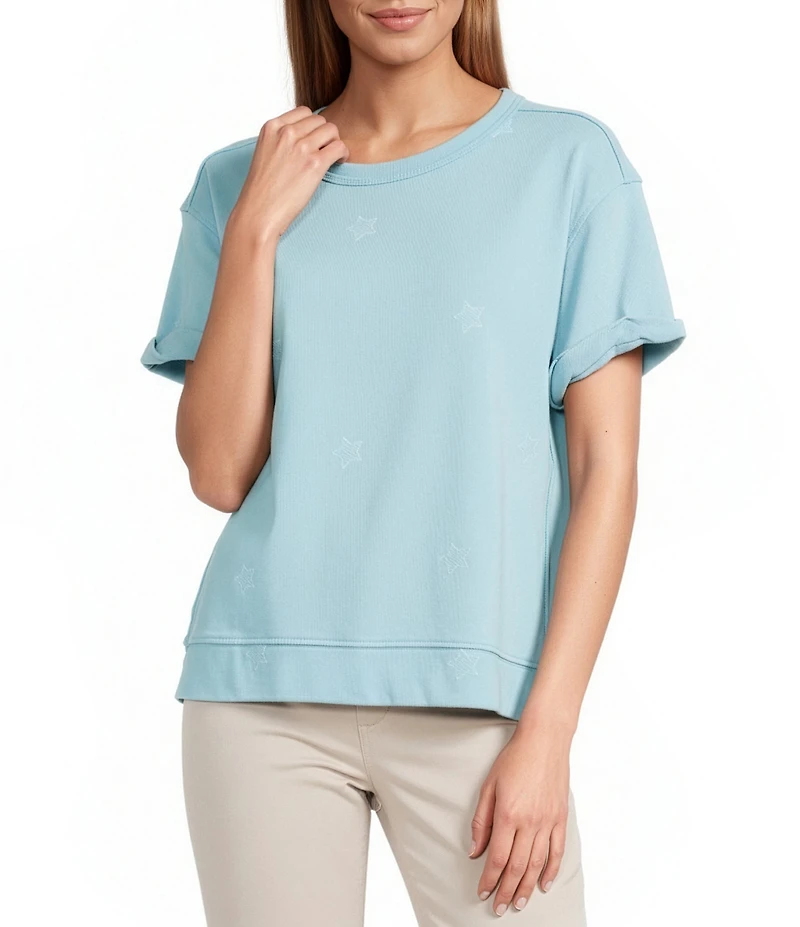 Westbound Petite Size Star Print Short Sleeve Crew Neck Knit Pullover Top