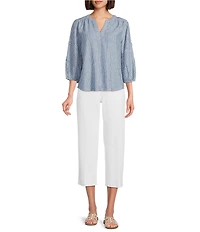 Westbound Petite Size Stripe Print 3/4 Sleeve V-Neck Top