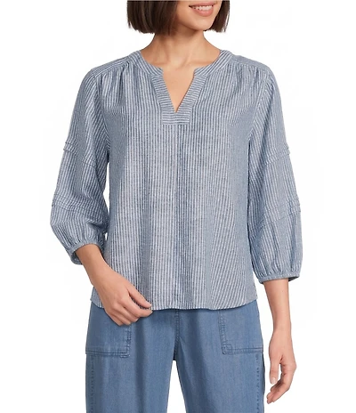 Westbound Petite Size Stripe Print 3/4 Sleeve V-Neck Top
