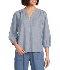 Westbound Petite Size Stripe Print 3/4 Sleeve V-Neck Top