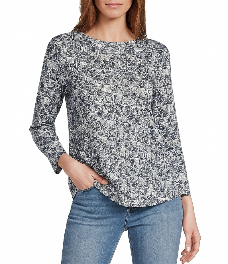 Westbound Petite Size Textured Geo Print 3/4 Sleeve Knit Crew Neck Top