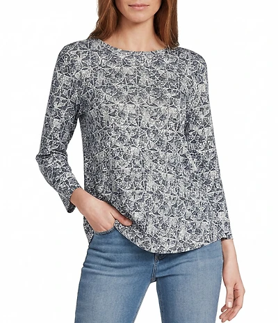 Westbound Petite Size Textured Geo Print 3/4 Sleeve Knit Crew Neck Top