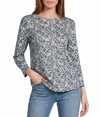 Westbound Petite Size Textured Geo Print 3/4 Sleeve Knit Crew Neck Top
