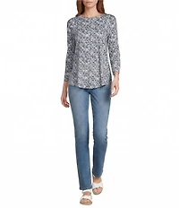 Westbound Petite Size Textured Geo Print 3/4 Sleeve Knit Crew Neck Top
