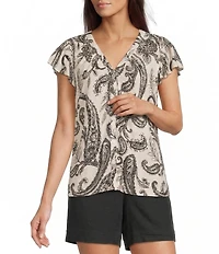 Westbound Petite Size V-Neck Button Front Flutter Sleeve Top