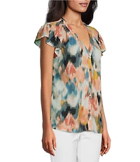 Westbound Petite Size V-Neck Button Front Flutter Sleeve Top