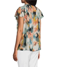 Westbound Petite Size V-Neck Button Front Flutter Sleeve Top