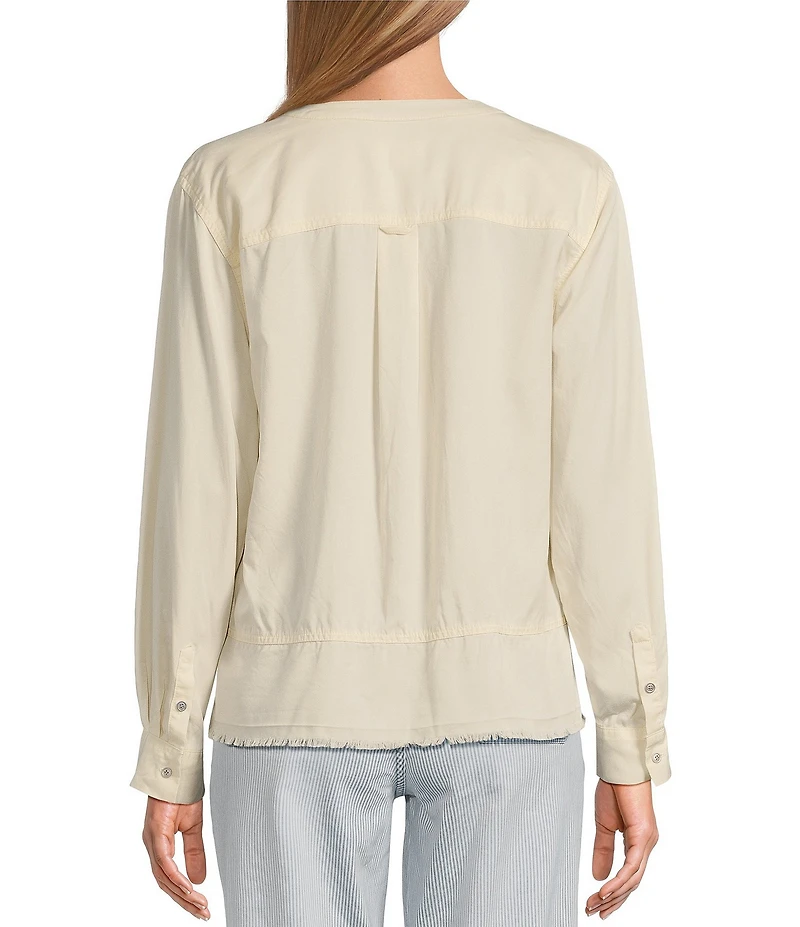 Westbound Petite Size Woven Long Roll-Tab Sleeve Henley Top