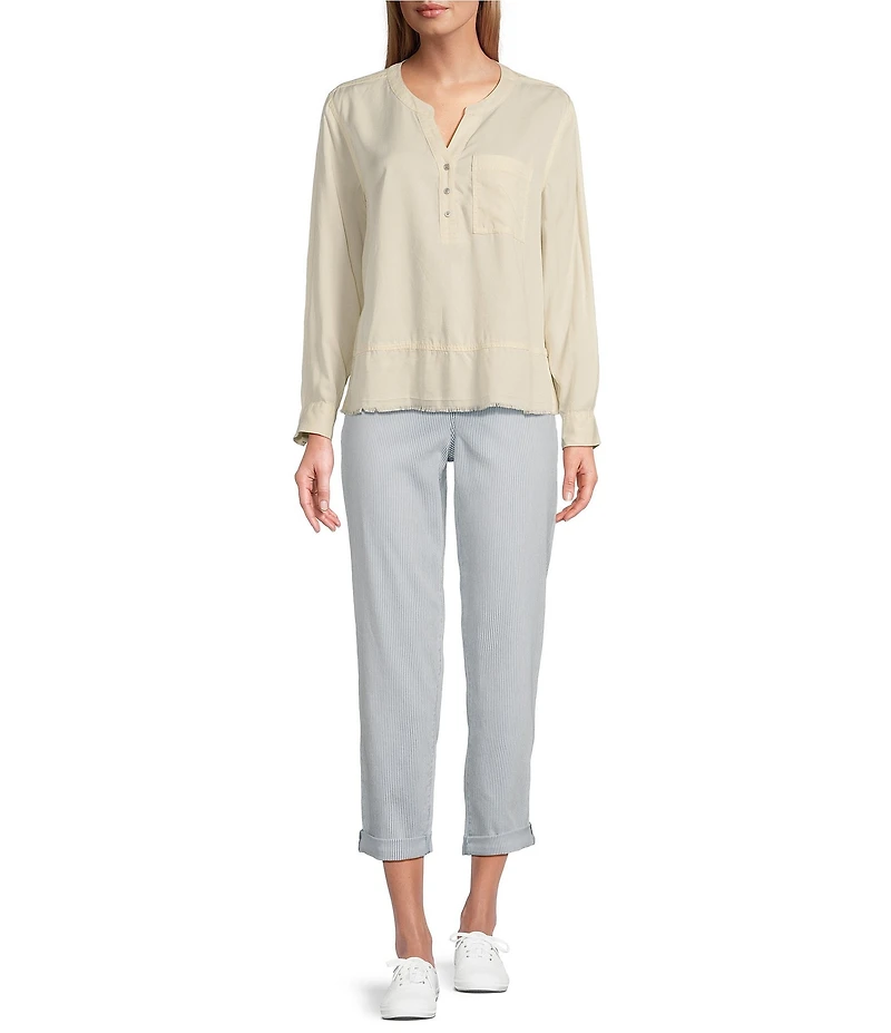 Westbound Petite Size Woven Long Roll-Tab Sleeve Henley Top