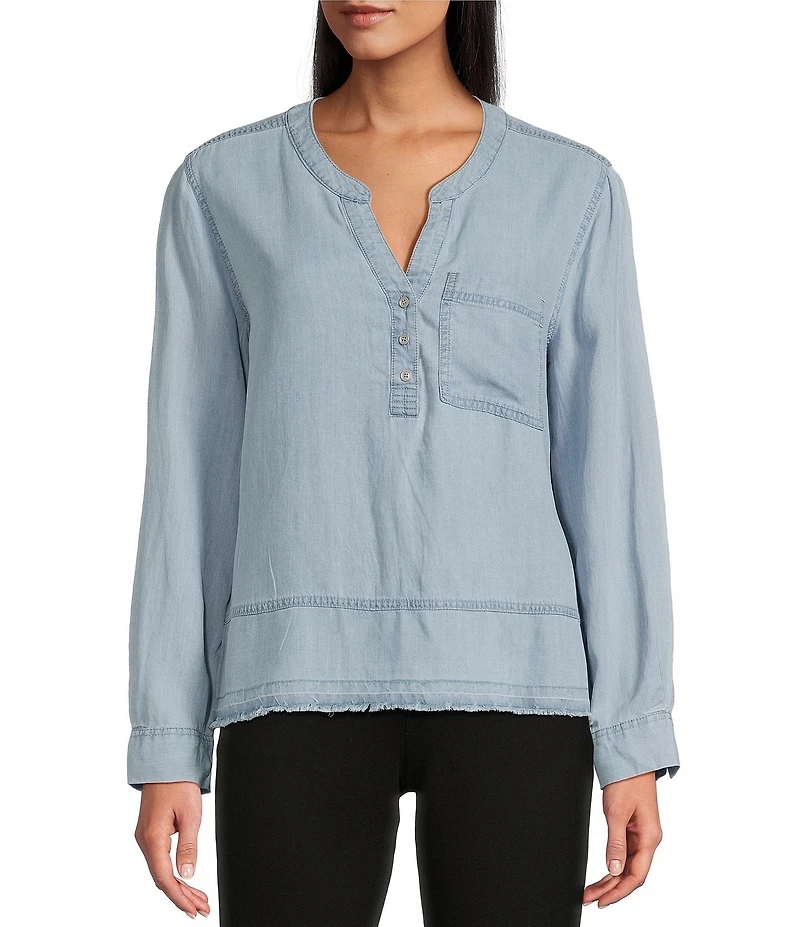 Westbound Petite Size Woven Long Roll-Tab Sleeve Henley Top