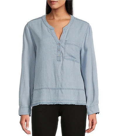 Westbound Petite Size Woven Long Roll-Tab Sleeve Henley Top