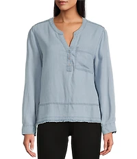 Westbound Petite Size Woven Long Roll-Tab Sleeve Henley Top