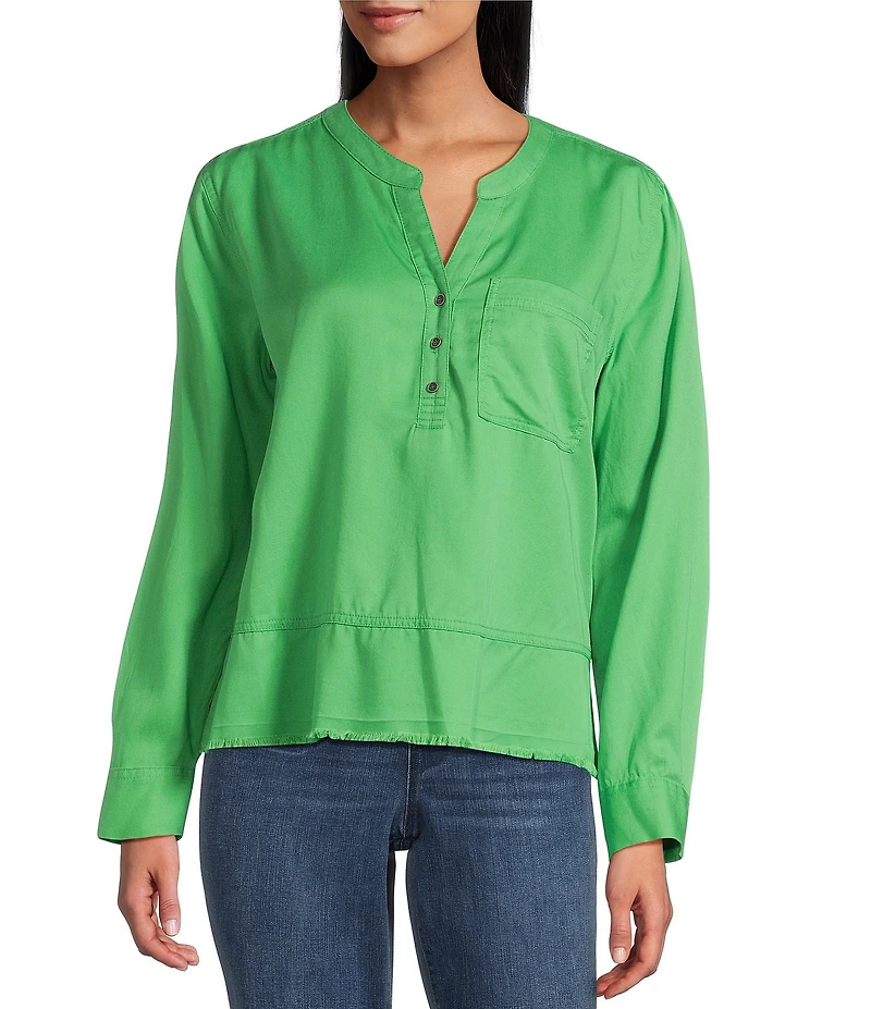 Westbound Petite Size Woven Long Roll-Tab Sleeve Henley Top