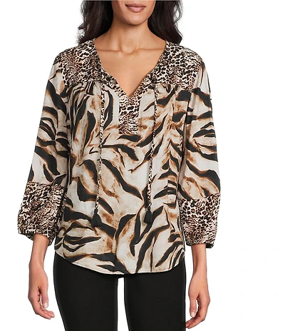 Westbound Petite Size Woven Mocha Sandy Leopard Elbow V-Neck Tie Blouse