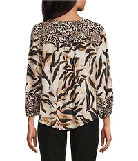 Westbound Petite Size Woven Mocha Sandy Leopard Elbow V-Neck Tie Blouse