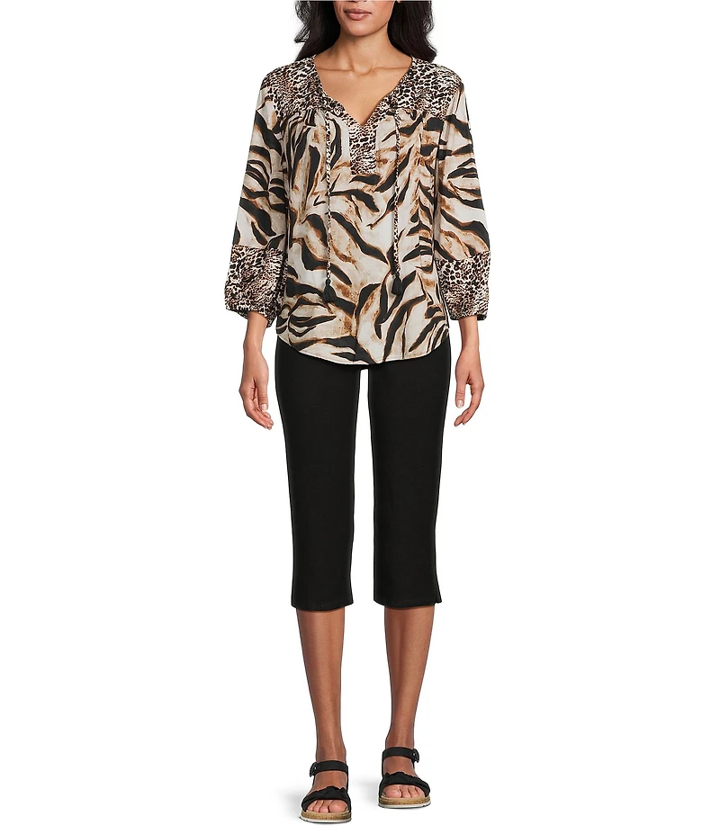 Westbound Petite Size Woven Mocha Sandy Leopard Elbow V-Neck Tie Blouse