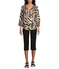 Westbound Petite Size Woven Mocha Sandy Leopard Elbow V-Neck Tie Blouse
