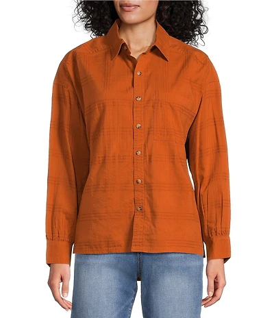 Westbound Petite Size Woven Plaid Collared Oversized Long Sleeve Top
