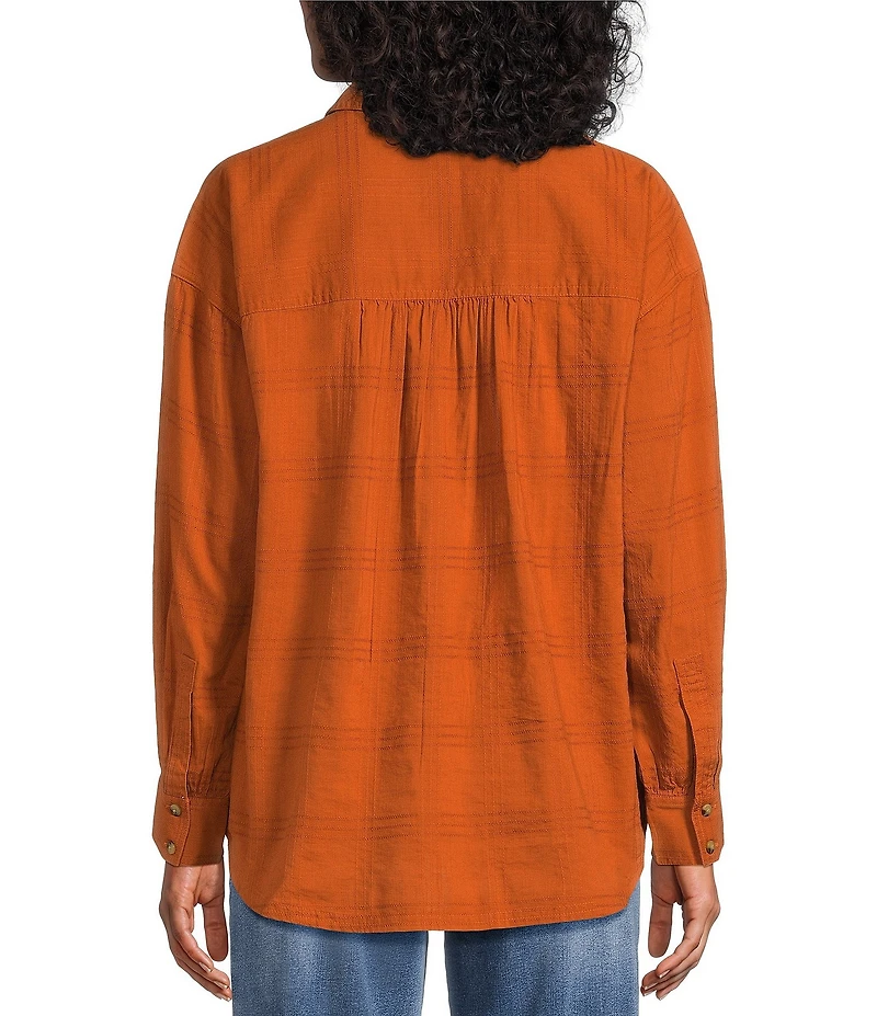 Westbound Petite Size Woven Plaid Collared Oversized Long Sleeve Top