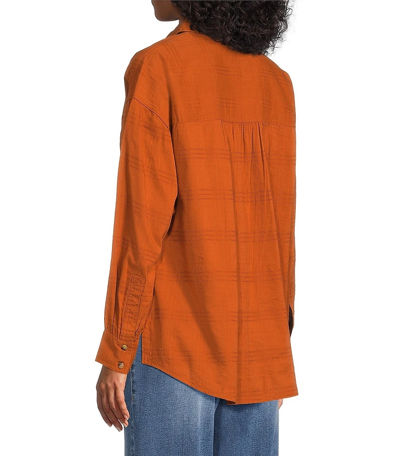 Westbound Petite Size Woven Plaid Collared Oversized Long Sleeve Top