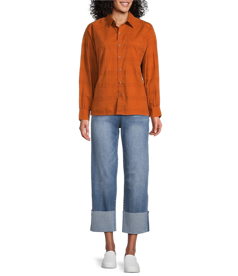 Westbound Petite Size Woven Plaid Collared Oversized Long Sleeve Top