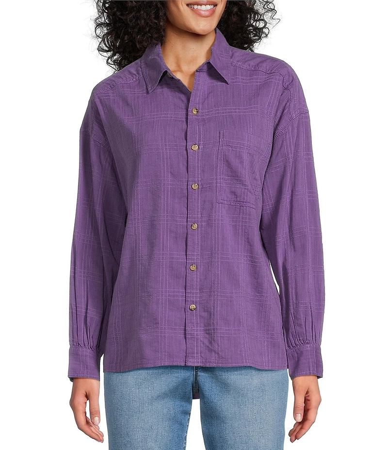 Westbound Petite Size Woven Plaid Collared Oversized Long Sleeve Top