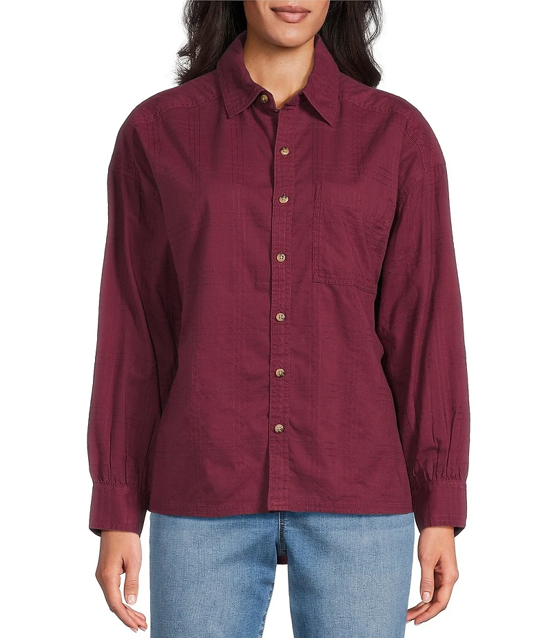 Westbound Petite Size Woven Plaid Collared Oversized Long Sleeve Top