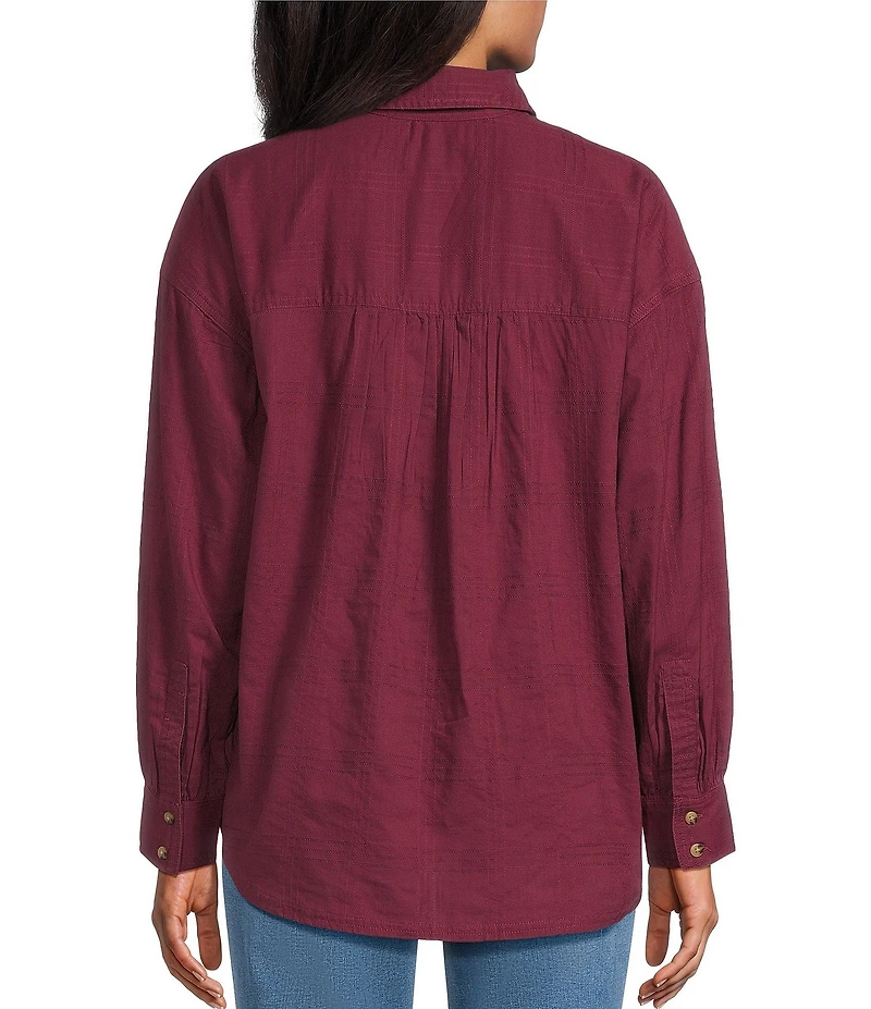 Westbound Petite Size Woven Plaid Collared Oversized Long Sleeve Top