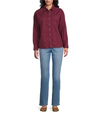 Westbound Petite Size Woven Plaid Collared Oversized Long Sleeve Top