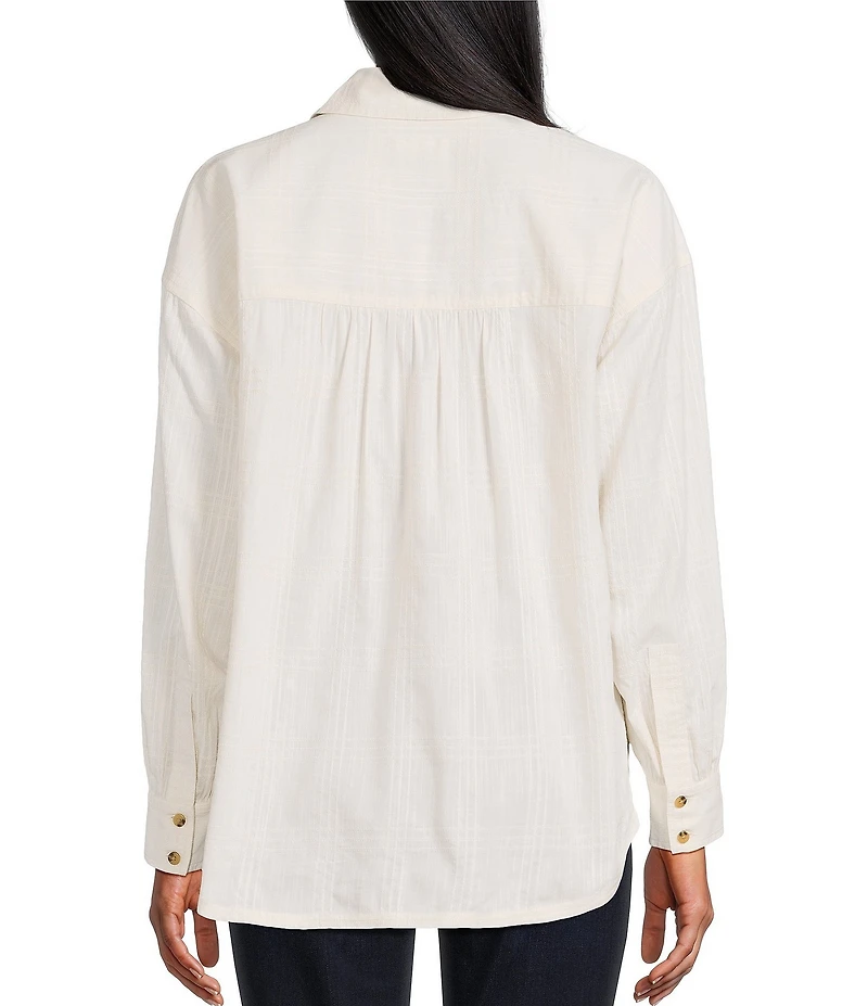 Westbound Petite Size Woven Plaid Collared Oversized Long Sleeve Top