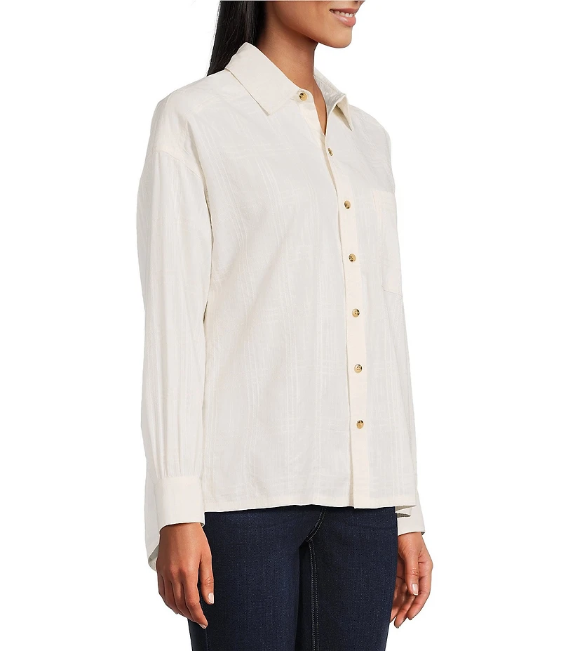 Westbound Petite Size Woven Plaid Collared Oversized Long Sleeve Top