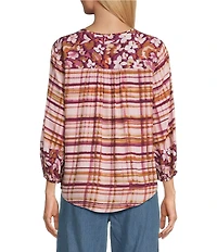 Westbound Petite Size Woven Zephyr Dancing Floral Elbow V-Neck Tie Blouse