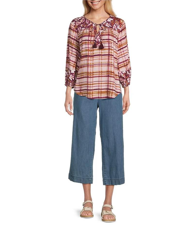 Westbound Petite Size Woven Zephyr Dancing Floral Elbow V-Neck Tie Blouse
