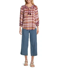 Westbound Petite Size Woven Zephyr Dancing Floral Elbow V-Neck Tie Blouse