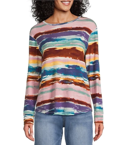 Westbound Petite Size Zephyr Mocha Vintage Stripe Long Sleeve Crew Neck Knit Tee