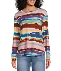Westbound Petite Size Zephyr Mocha Vintage Stripe Long Sleeve Crew Neck Knit Tee