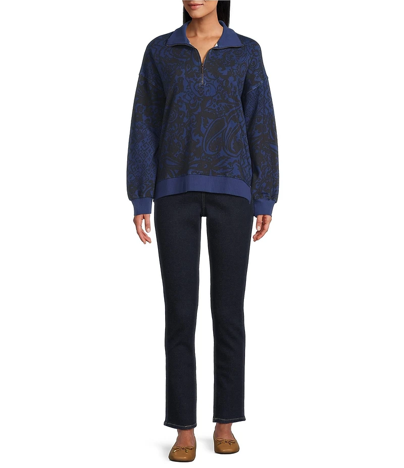 Westbound Petite Twilight Blue Paisley Patch Long Sleeve Quarter Zip Pullover