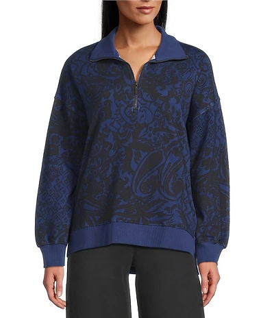 Westbound Petite Twilight Blue Paisley Patch Long Sleeve Quarter Zip Pullover