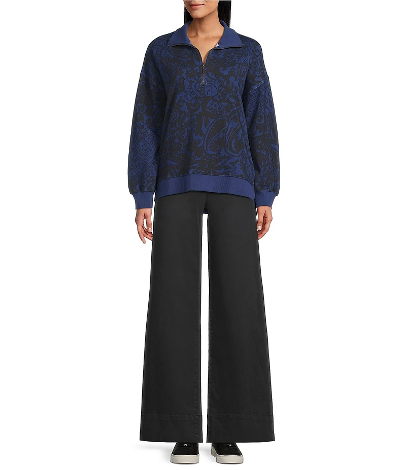 Westbound Petite Twilight Blue Paisley Patch Long Sleeve Quarter Zip Pullover