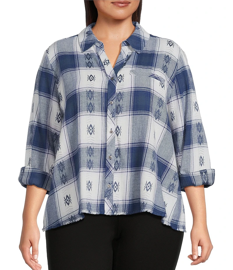 Westbound Plus Plaid Print Long Sleeve V-Neck Blouse