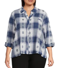 Westbound Plus Plaid Print Long Sleeve V-Neck Blouse