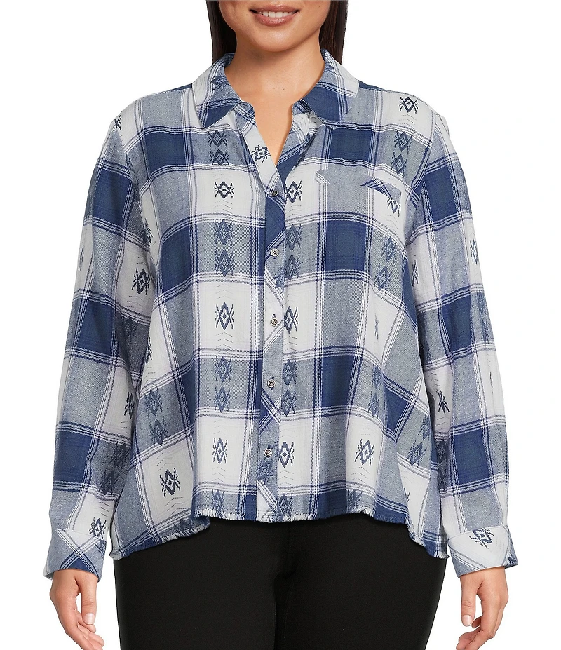 Westbound Plus Plaid Print Long Sleeve V-Neck Blouse