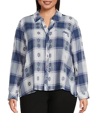 Westbound Plus Plaid Print Long Sleeve V-Neck Blouse