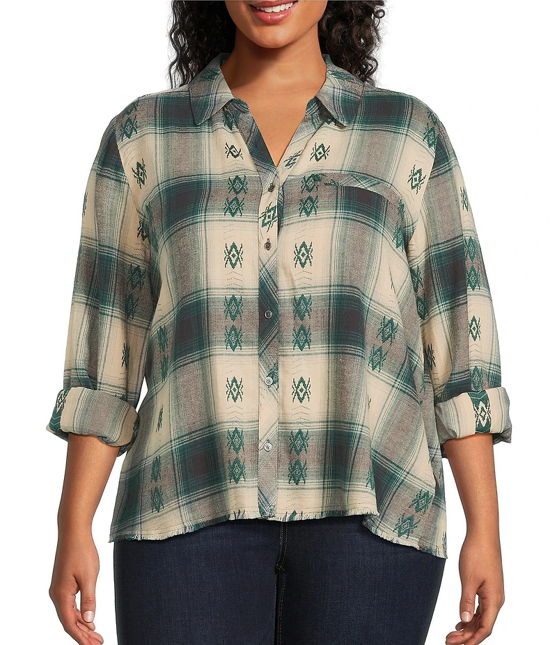 Westbound Plus Plaid Print Long Sleeve V-Neck Blouse